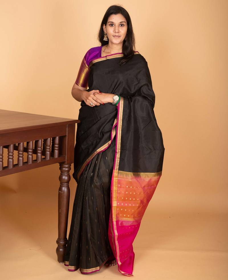 Black and rani pink partly pleats pure kanjivaram silk saree