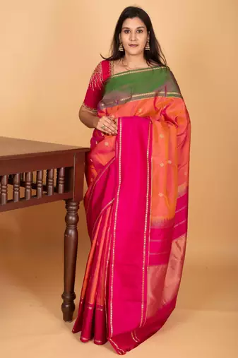 Dual tone pinkish orange ganga jamuna pure kanchi silk saree
