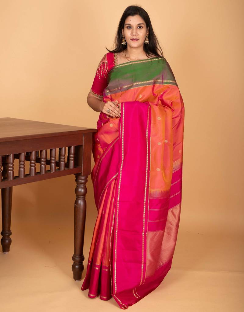 Dual tone pinkish orange ganga jamuna pure kanchi silk saree