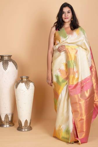 Dover white and pastel pink kanjivaram pattu saree