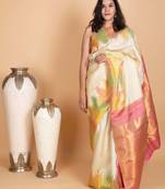 Dover white and pastel pink kanjivaram pattu saree