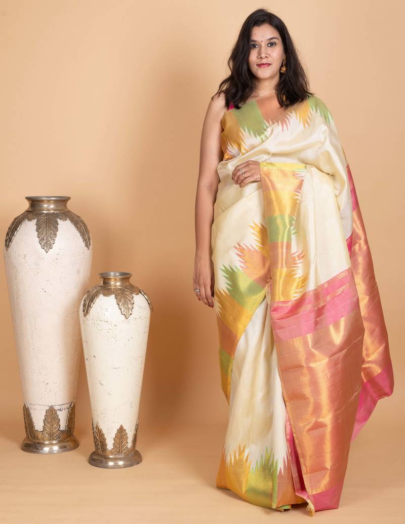 Dover white and pastel pink kanjivaram pattu saree