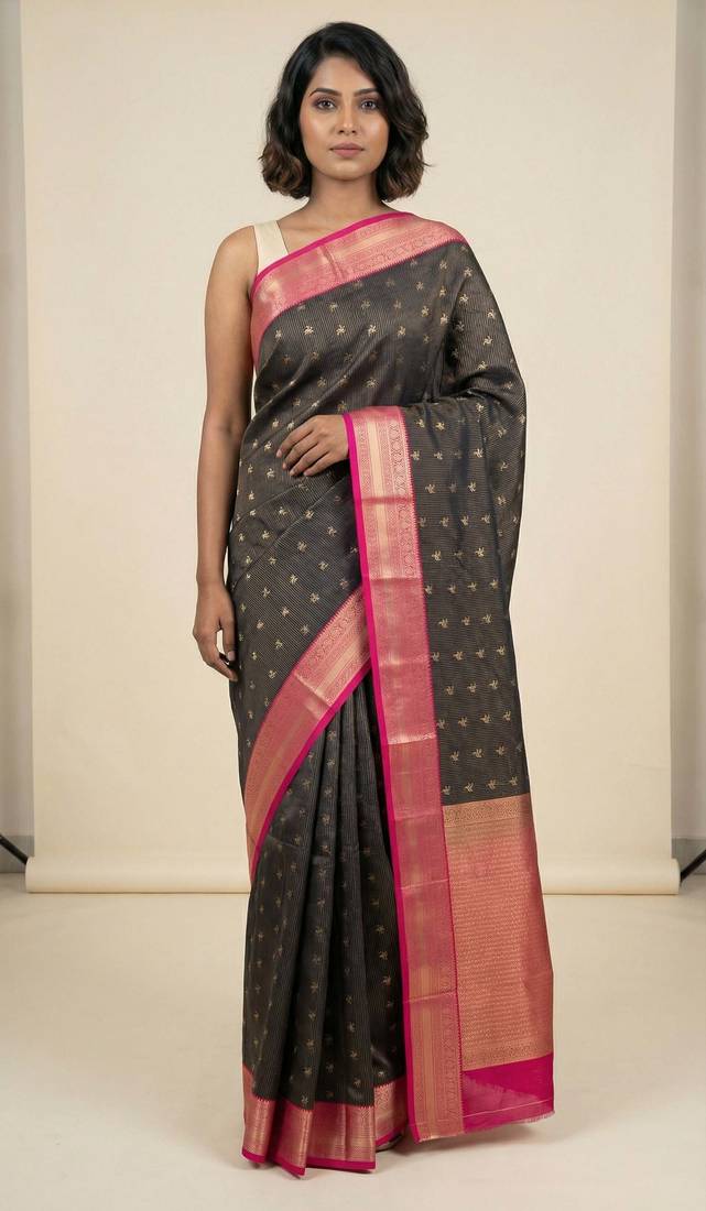 Black and rani pink vairaoosi semi silk saree