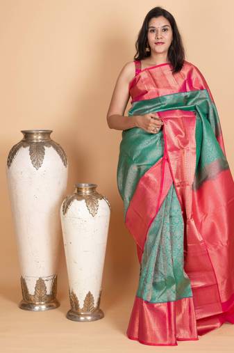 Peacock green and raspberry pink kanjivaram pattu saree