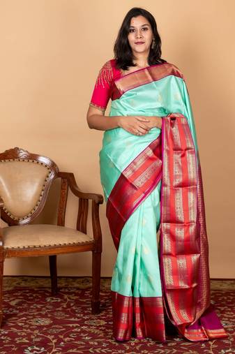 Pink and green pure silk saree
