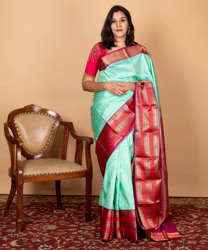 Pink and green pure silk saree
