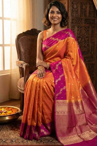 Dual tone orange and purple designer pure touch silk saree