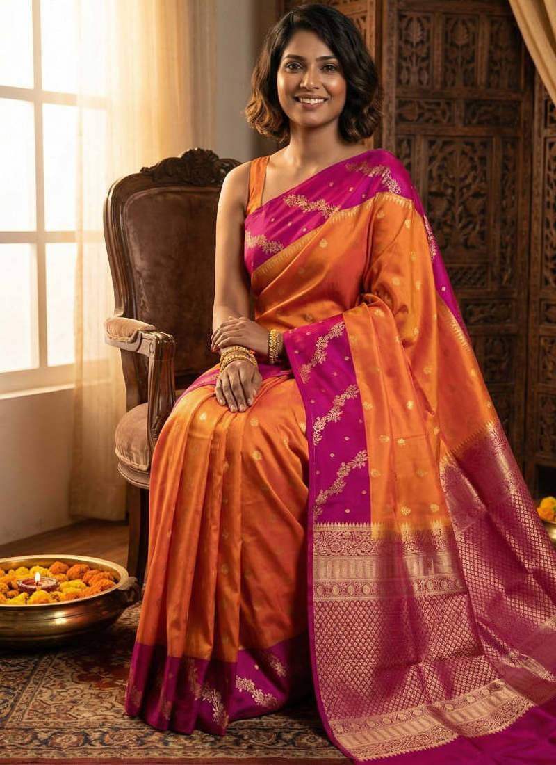 Dual tone orange and purple designer pure touch silk saree