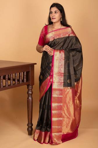 Black and pink checked pure kanjivaram silk saree