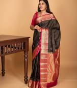 Black and pink checked pure kanjivaram silk saree