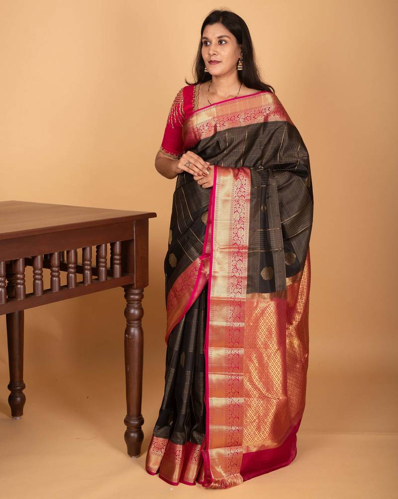 Black and pink checked pure kanjivaram silk saree