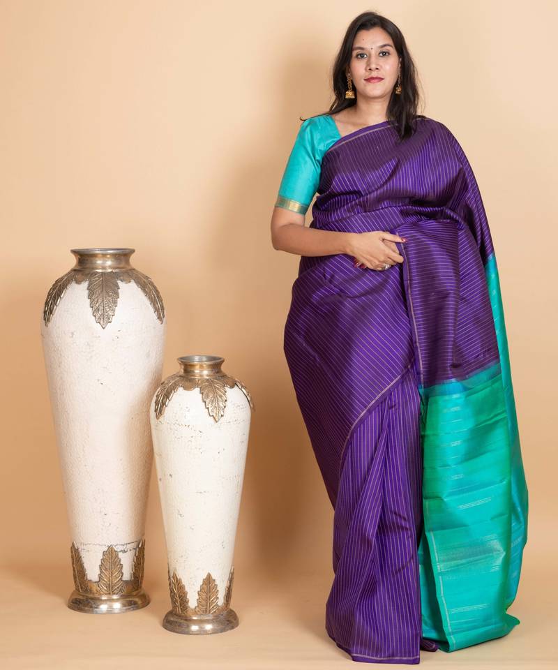 Berry blue and turquoise blue pure kanjivaram silk saree