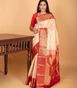 Cream white and bright red butta pure kanchi silk saree