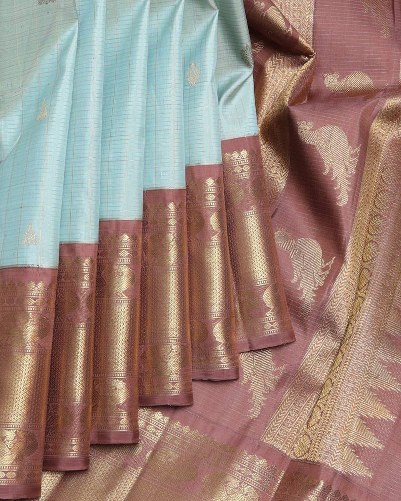 Ice blue and chocolate pure zari silk saree