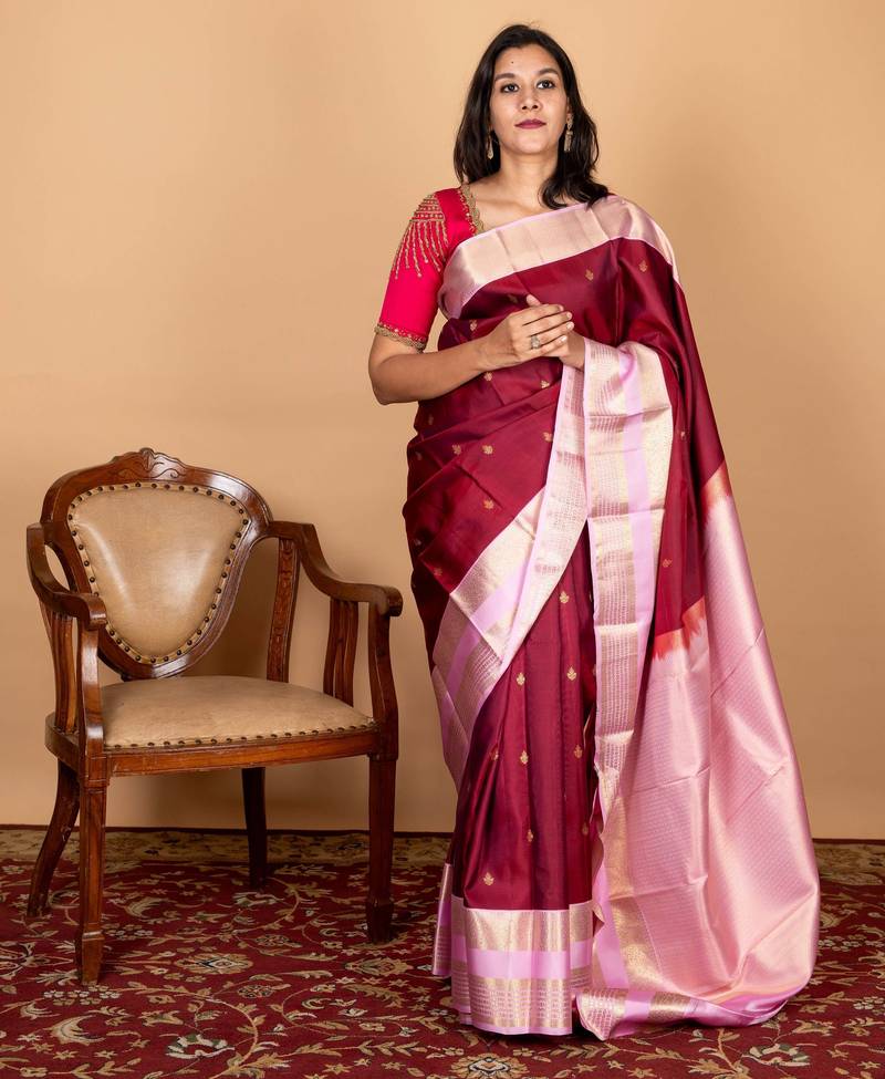 Maroon and pink silk saree