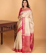 Bone white and rani pink small border pure kanjivaram silk saree