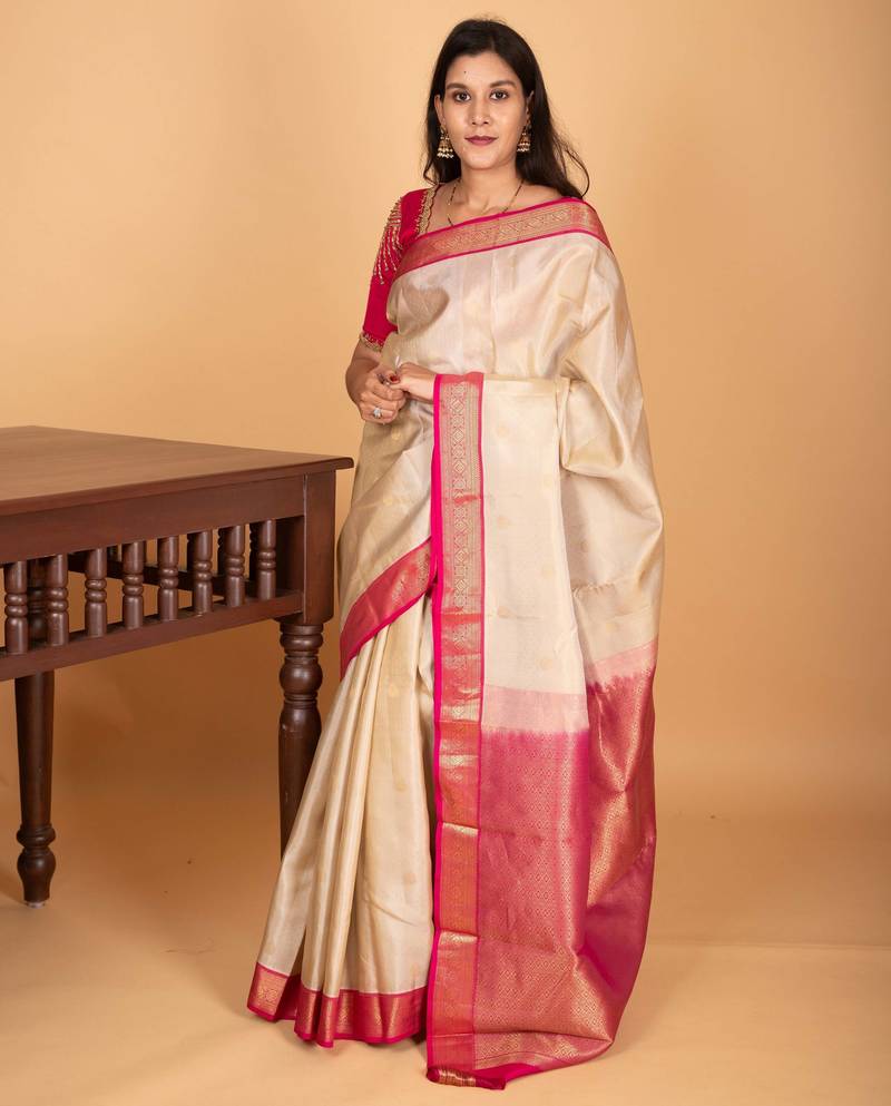 Bone white and rani pink small border pure kanjivaram silk saree