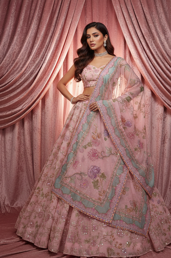 Pink Floral Embroidered Net Lehenga