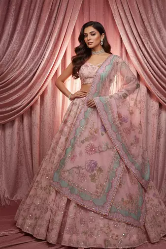 Pink Floral Embroidered Net Lehenga