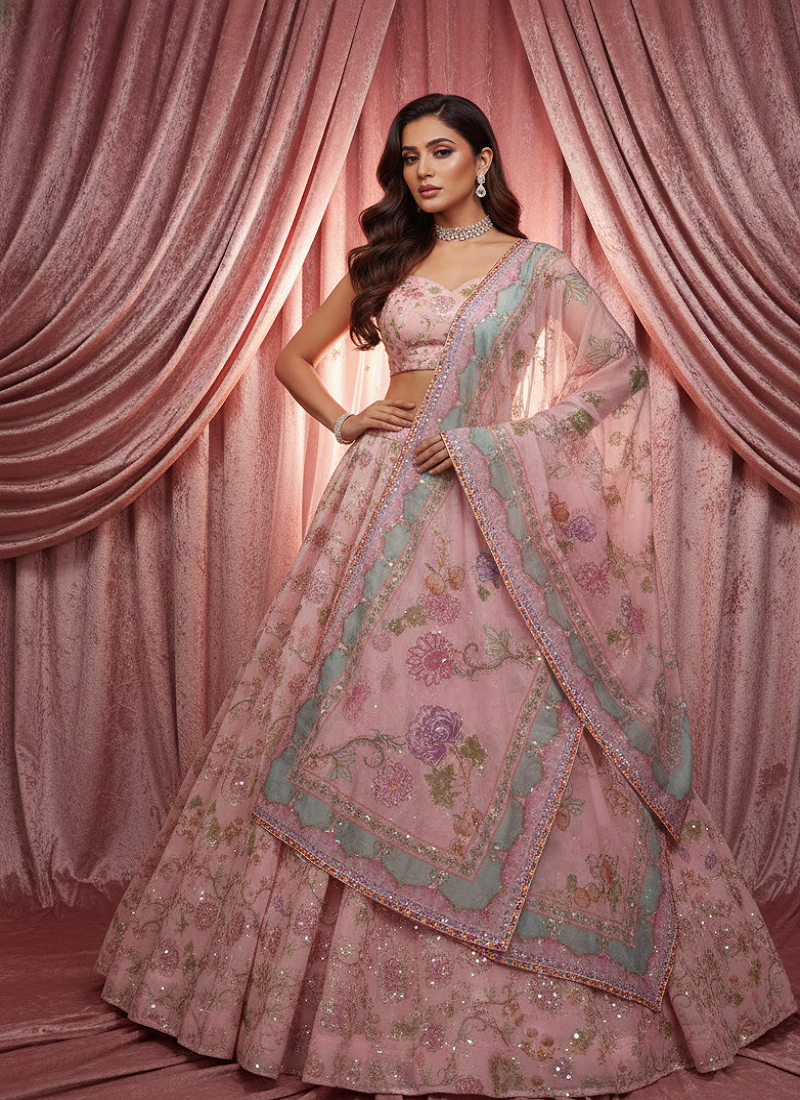 Pink Floral Embroidered Net Lehenga