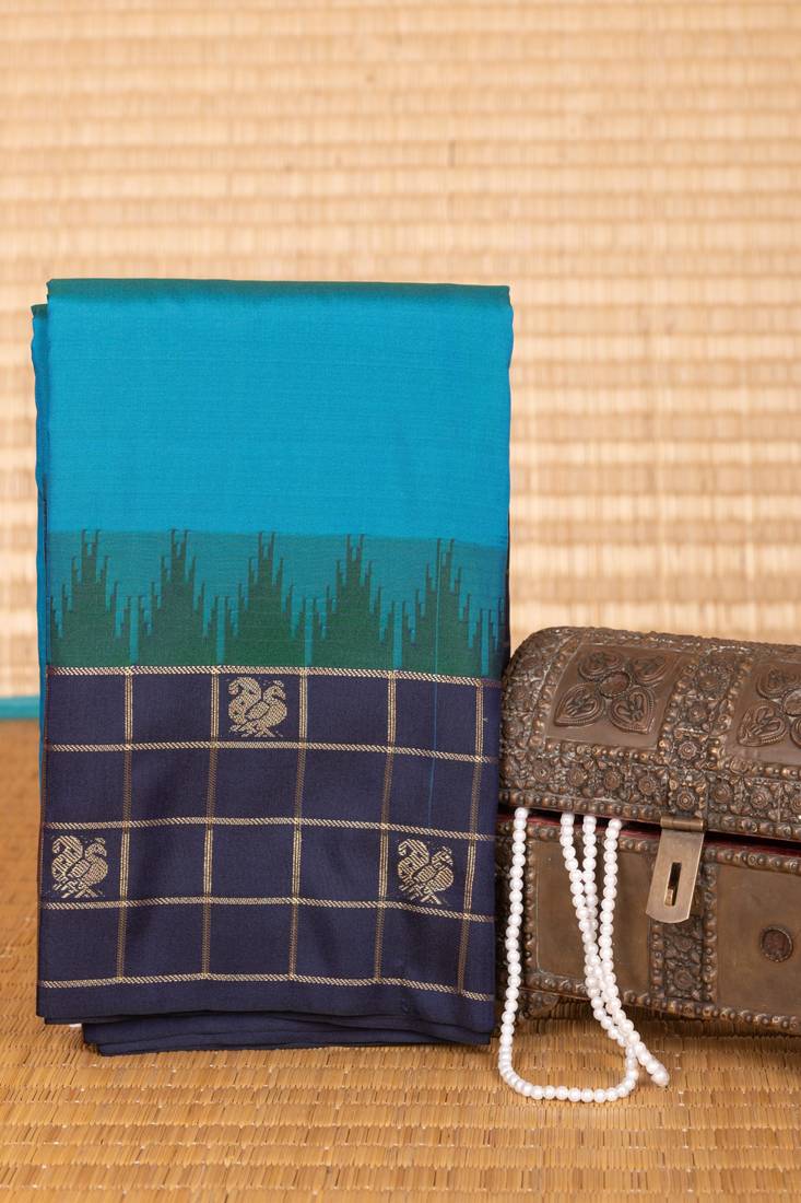Azure blue and navy blue traditional semi silk saree