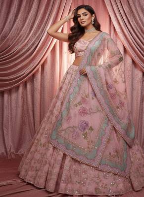 Pink Floral Embroidered Net Lehenga 2