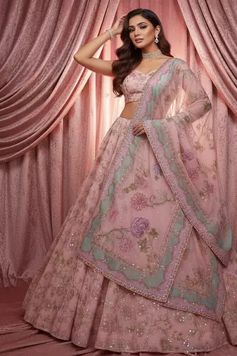 Pink Floral Embroidered Net Lehenga