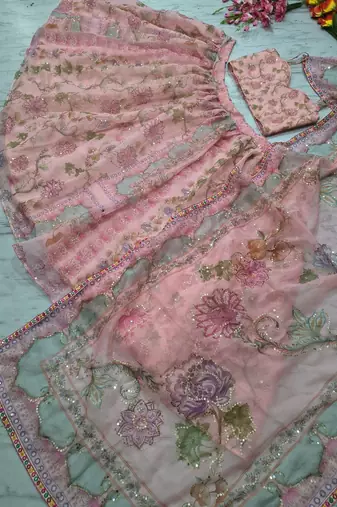 Pink Floral Embroidered Net Lehenga
