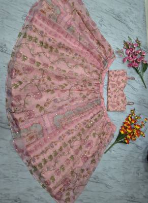 Pink Floral Embroidered Net Lehenga 4
