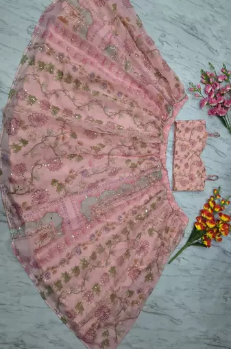 Pink Floral Embroidered Net Lehenga