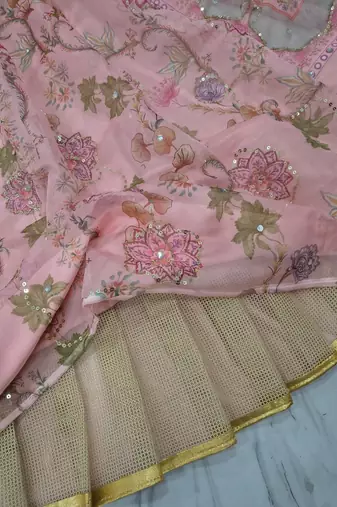 Pink Floral Embroidered Net Lehenga
