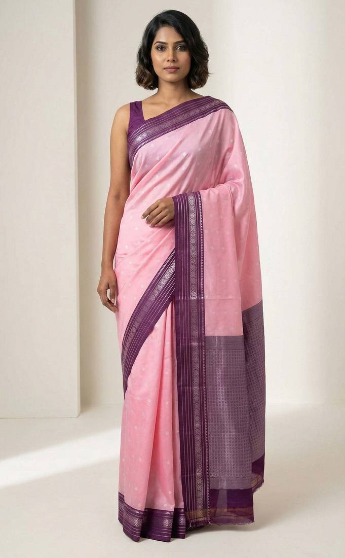 Baby pink and purple semi silk saree