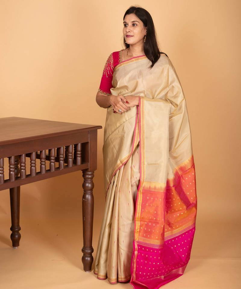 Beige and rani pink partly pleats pure kanjivaram silk saree