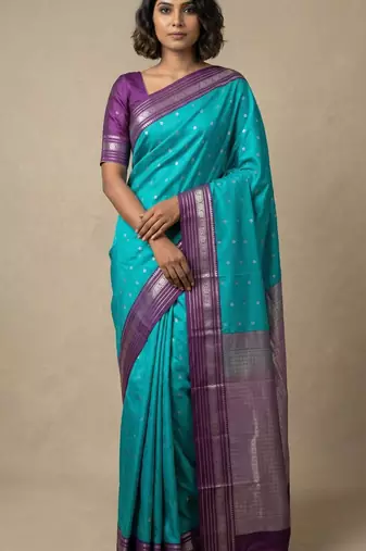 Rama blue and purple korvai semi silk saree