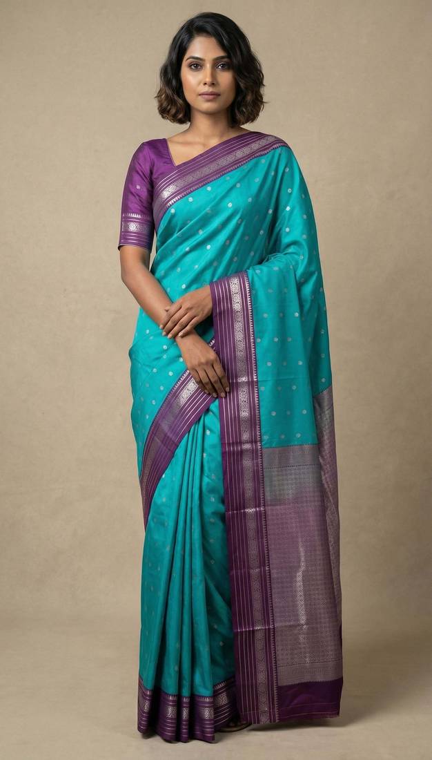 Rama blue and purple korvai semi silk saree