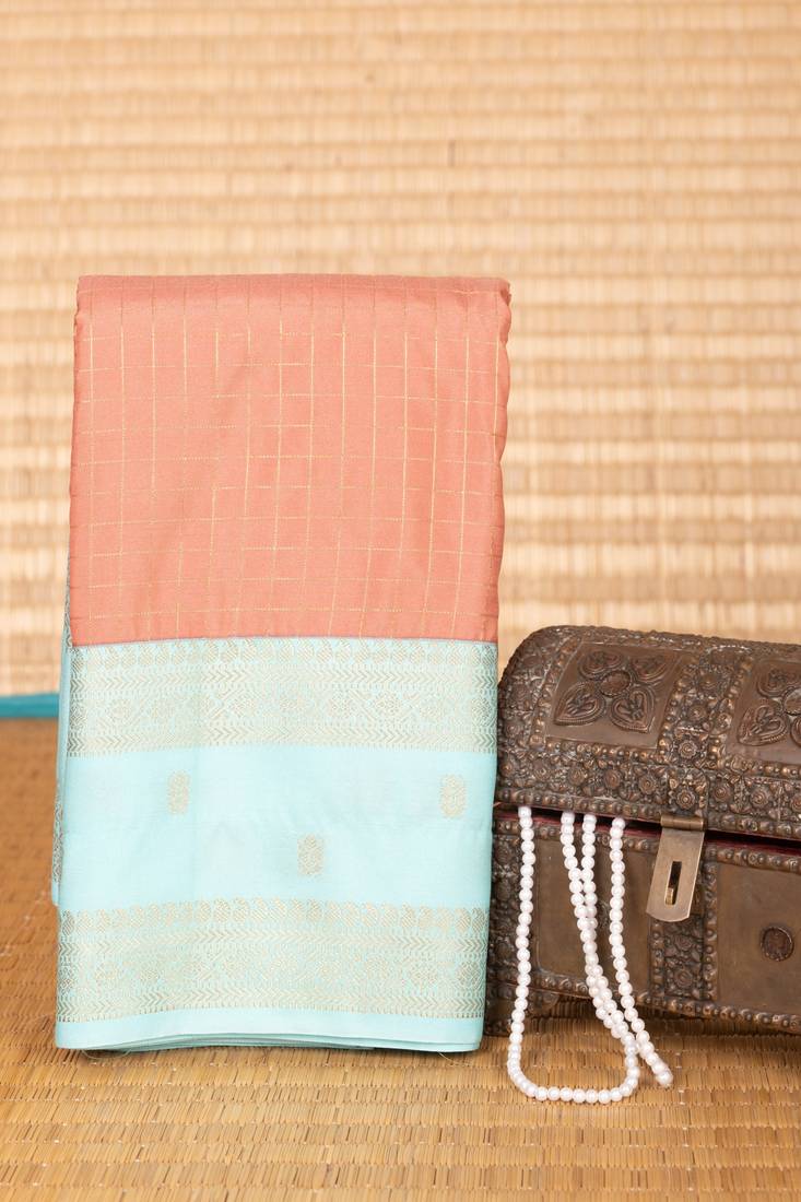 Velvet rose and light blue checked retta patta semi silk saree