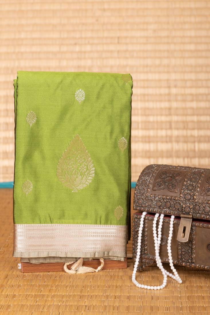 Pear green and greenish grey small border semi silk saree)