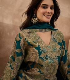 Women blue silk blend floral embroidered straight kurta trousers with dupatta