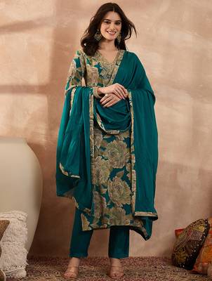 Women blue silk blend floral embroidered straight kurta trousers with dupatta 1