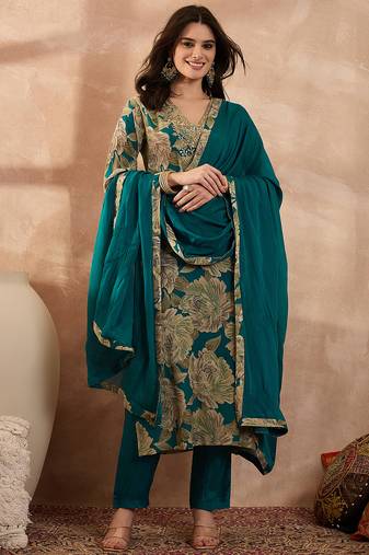 Women blue silk blend floral embroidered straight kurta trousers with dupatta