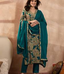 Women blue silk blend floral embroidered straight kurta trousers with dupatta