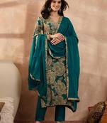 Women blue silk blend floral embroidered straight kurta trousers with dupatta