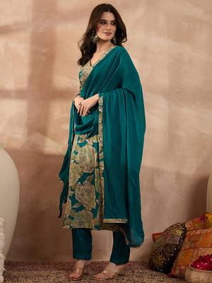 Women blue silk blend floral embroidered straight kurta trousers with dupatta 3