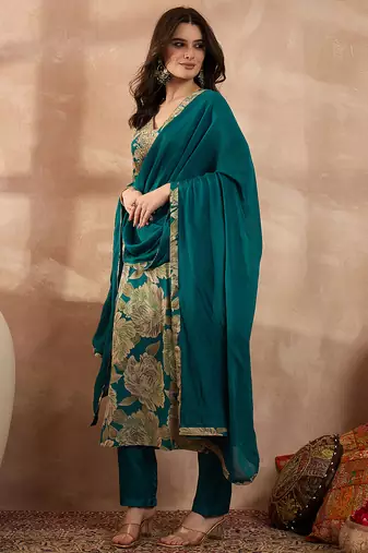 Women blue silk blend floral embroidered straight kurta trousers with dupatta