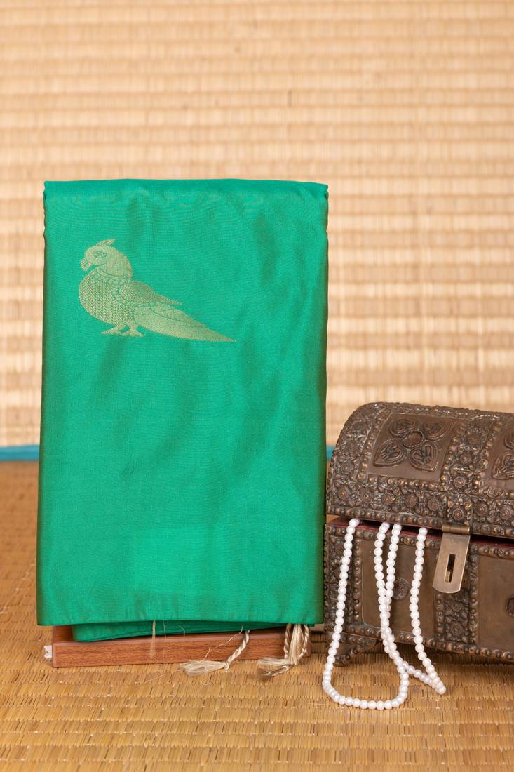 Emerald green and beige borderless soft silk saree