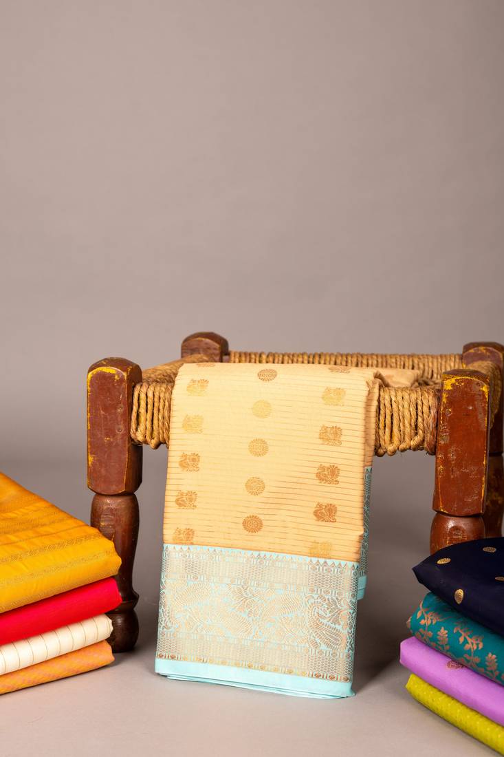 Cream and blue semi silk saree