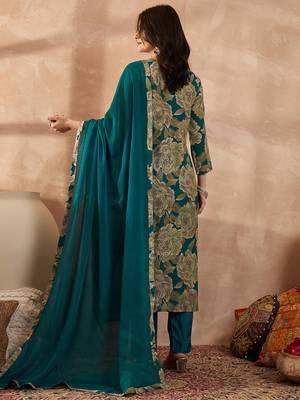 Women blue silk blend floral embroidered straight kurta trousers with dupatta 4