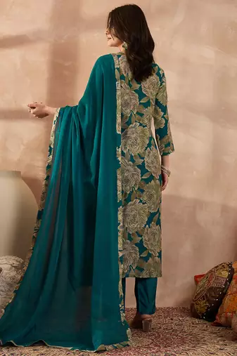 Women blue silk blend floral embroidered straight kurta trousers with dupatta