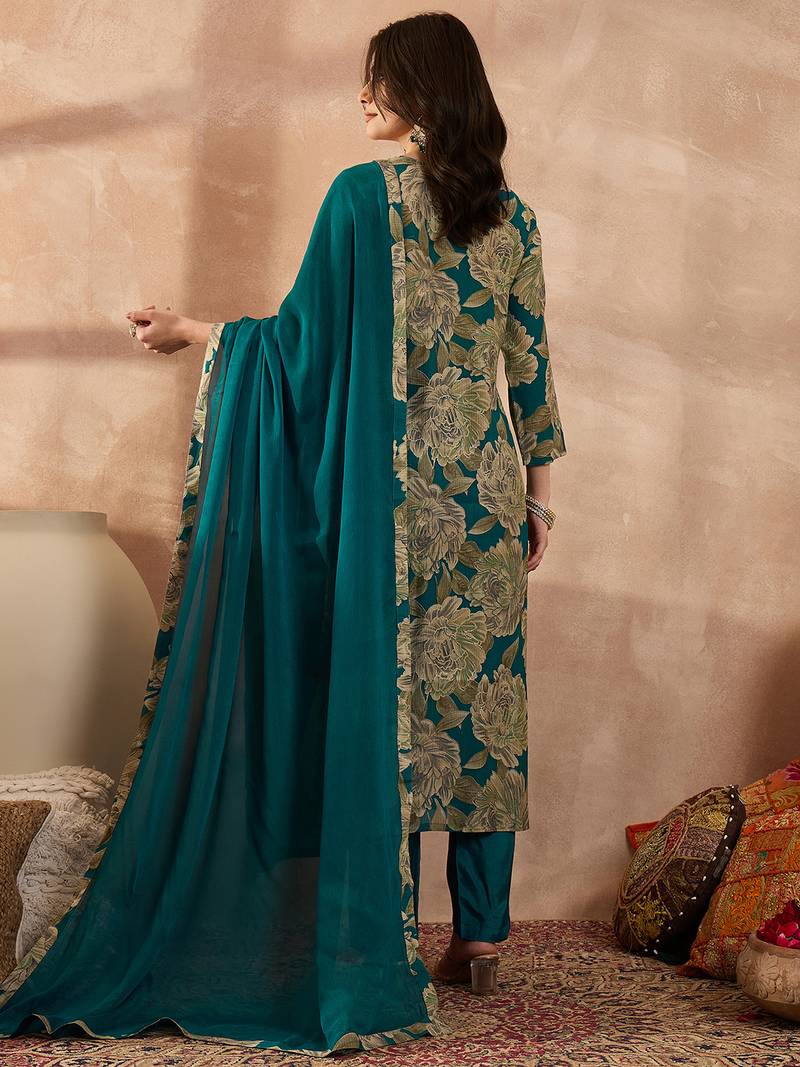 Women blue silk blend floral embroidered straight kurta trousers with dupatta