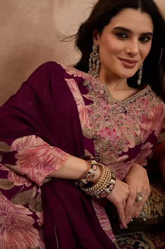 Women purple silk blend floral embroidered straight kurta trousers with dupatta